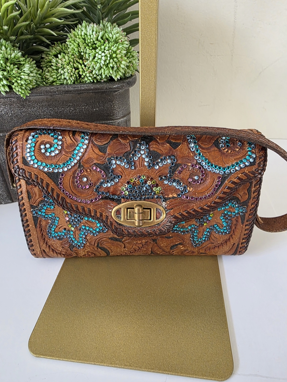 Vintage Roth & Madge Swarovski Crystal Tooled Leather Mini Bag Wristlet